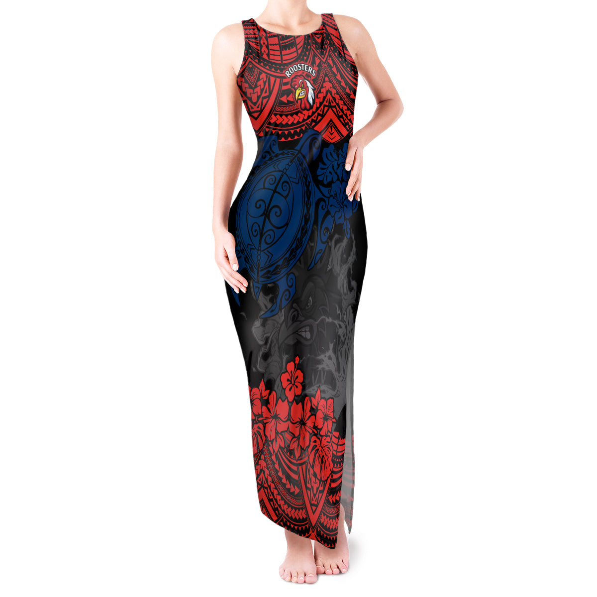 custom-roosters-rugby-tank-maxi-dress-sydney-hibiscus-and-turtle-with-polynesian-pattern