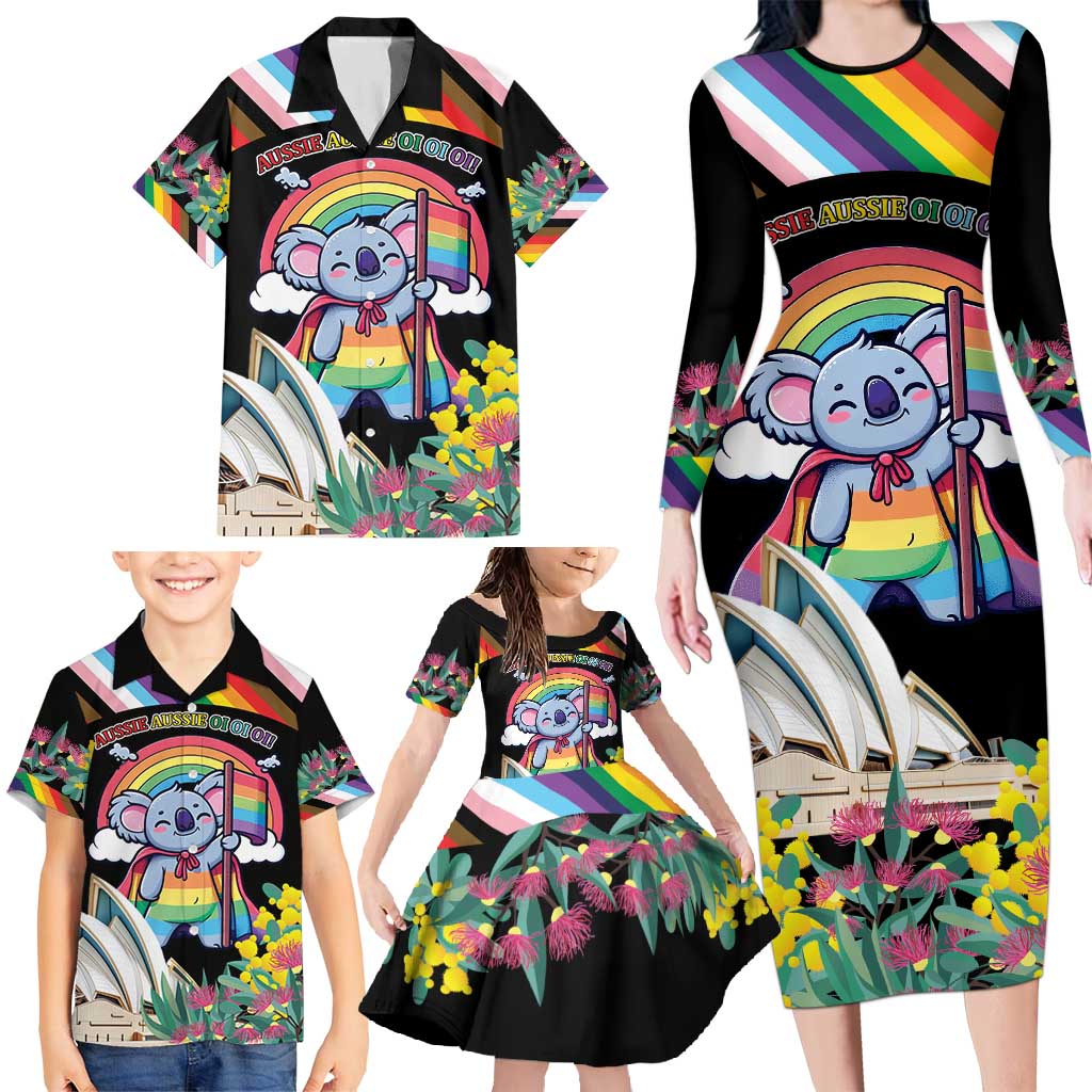 Aussia Pride Month Rainbow Koala Family Matching Long Sleeve Bodycon Dress and Hawaiian Shirt