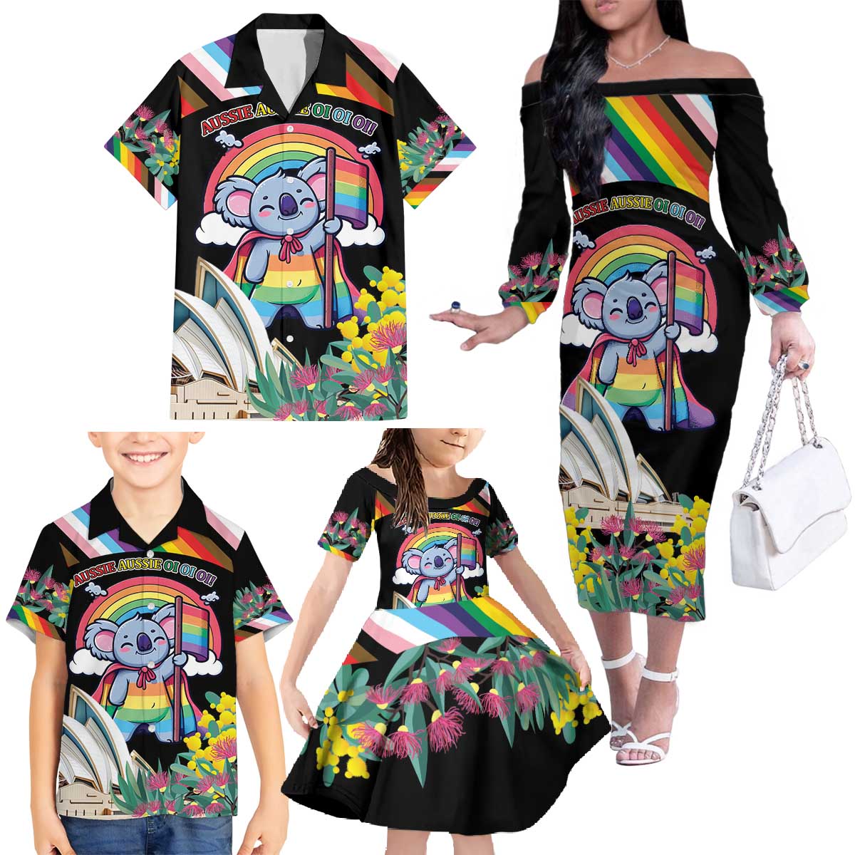 Aussia Pride Month Rainbow Koala Family Matching Off The Shoulder Long Sleeve Dress and Hawaiian Shirt