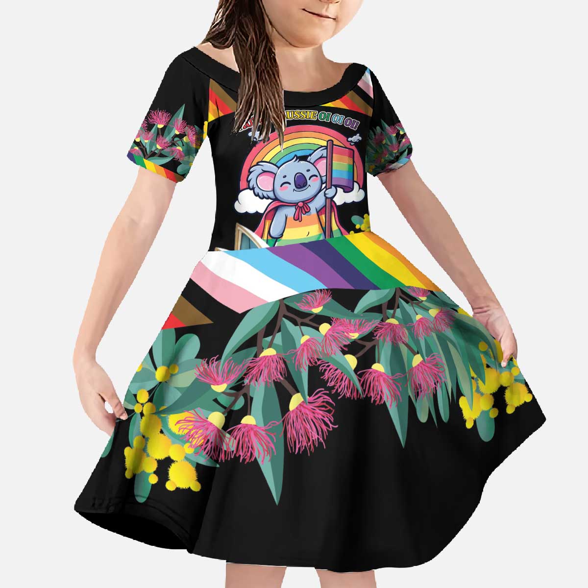 Aussia Pride Month Rainbow Koala Family Matching Off The Shoulder Long Sleeve Dress and Hawaiian Shirt