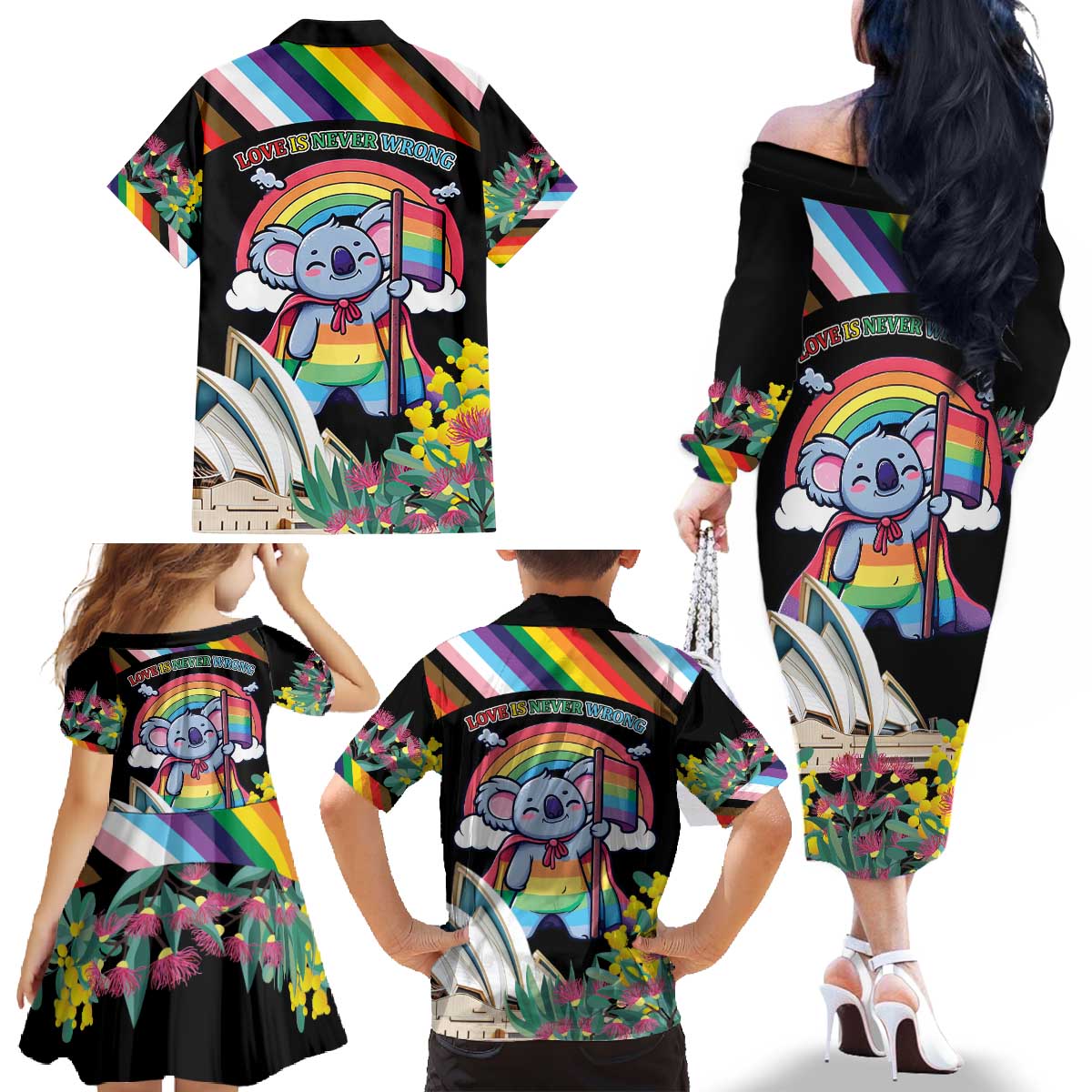 Aussia Pride Month Rainbow Koala Family Matching Off The Shoulder Long Sleeve Dress and Hawaiian Shirt