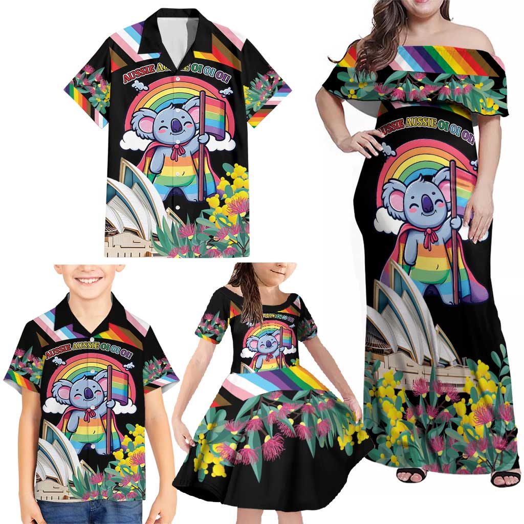 Aussia Pride Month Rainbow Koala Family Matching Off Shoulder Maxi Dress and Hawaiian Shirt