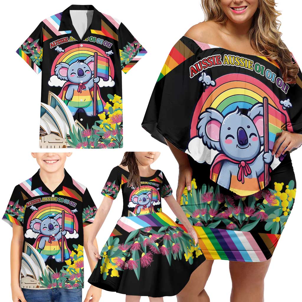 Aussia Pride Month Rainbow Koala Family Matching Off Shoulder Short Dress and Hawaiian Shirt