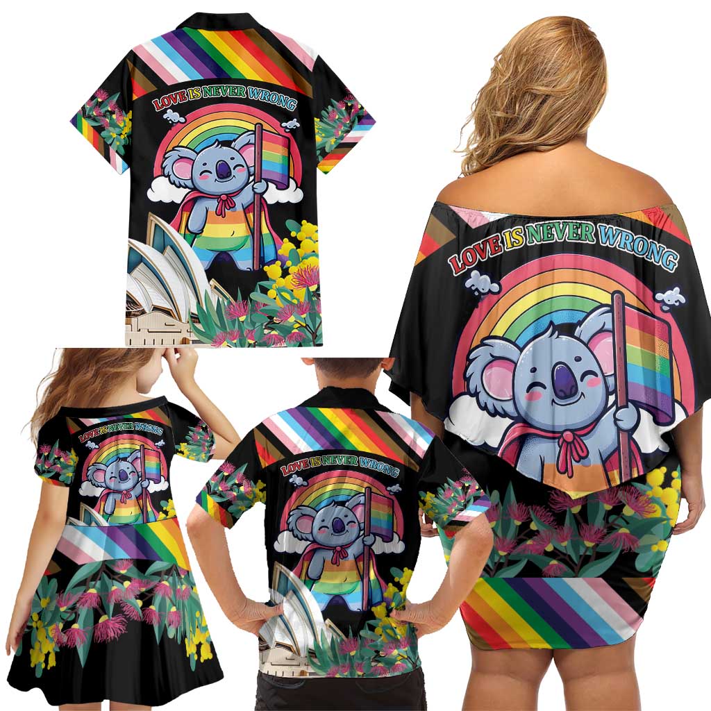 Aussia Pride Month Rainbow Koala Family Matching Off Shoulder Short Dress and Hawaiian Shirt