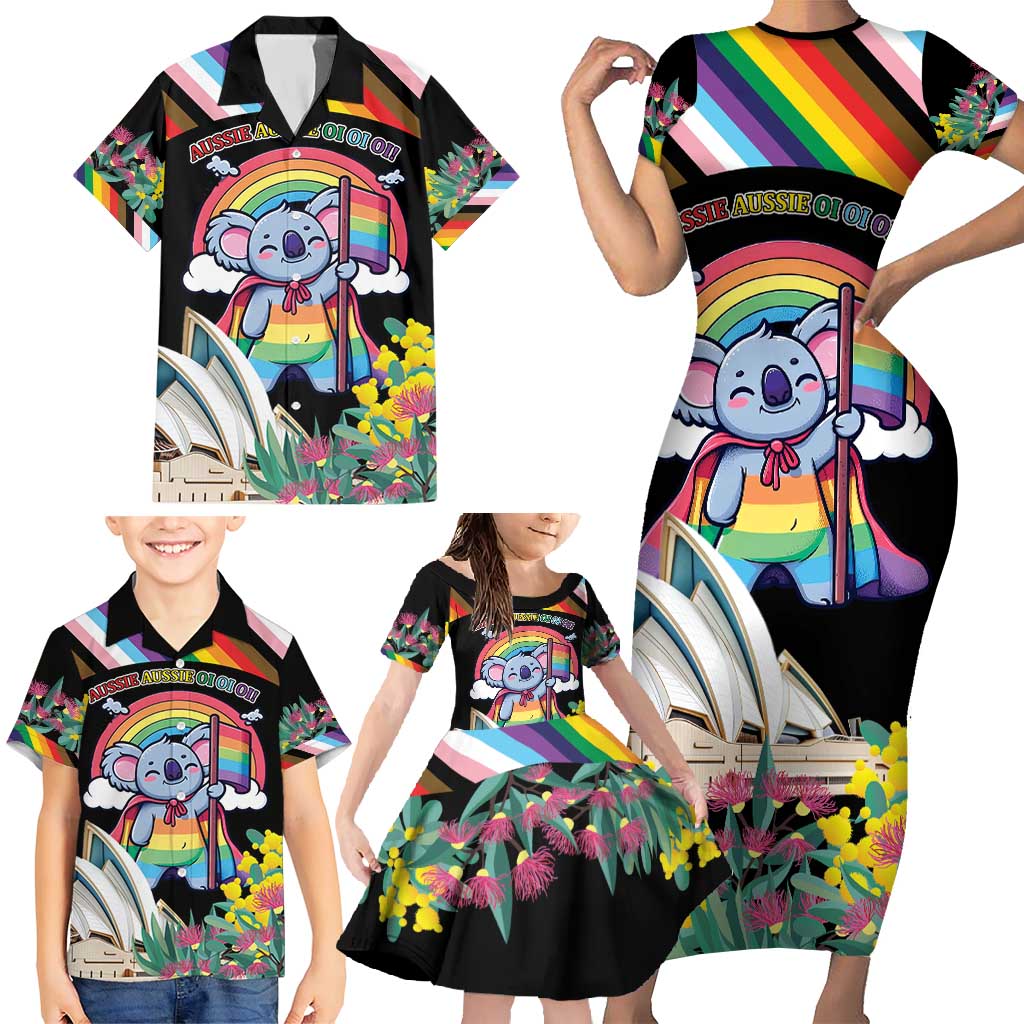 Aussia Pride Month Rainbow Koala Family Matching Short Sleeve Bodycon Dress and Hawaiian Shirt