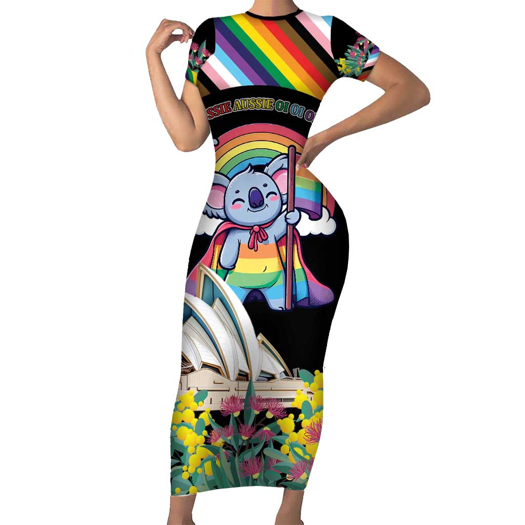 Aussia Pride Month Rainbow Koala Family Matching Short Sleeve Bodycon Dress and Hawaiian Shirt