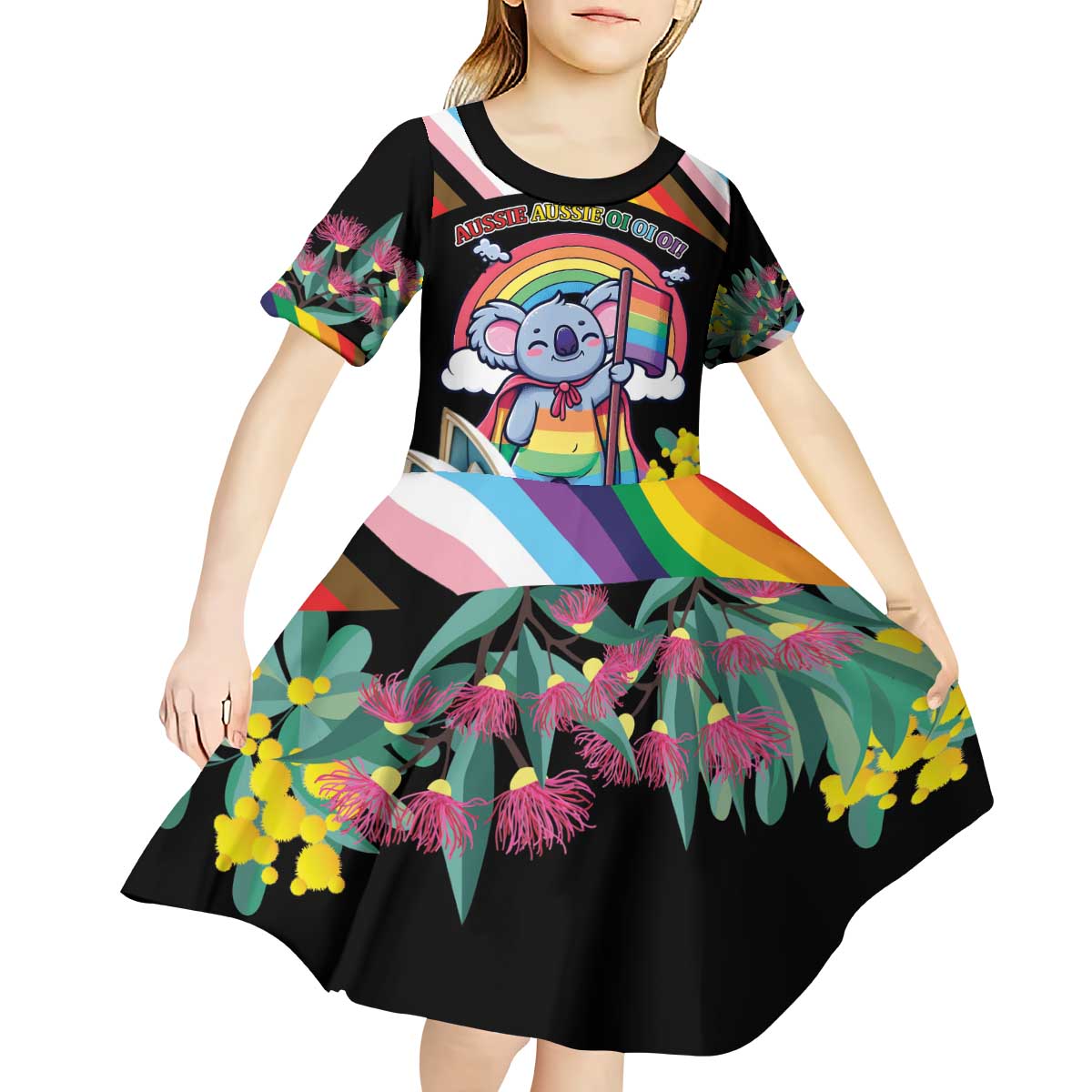 Aussia Pride Month Rainbow Koala Kid Short Sleeve Dress - Vibe Hoodie Shop