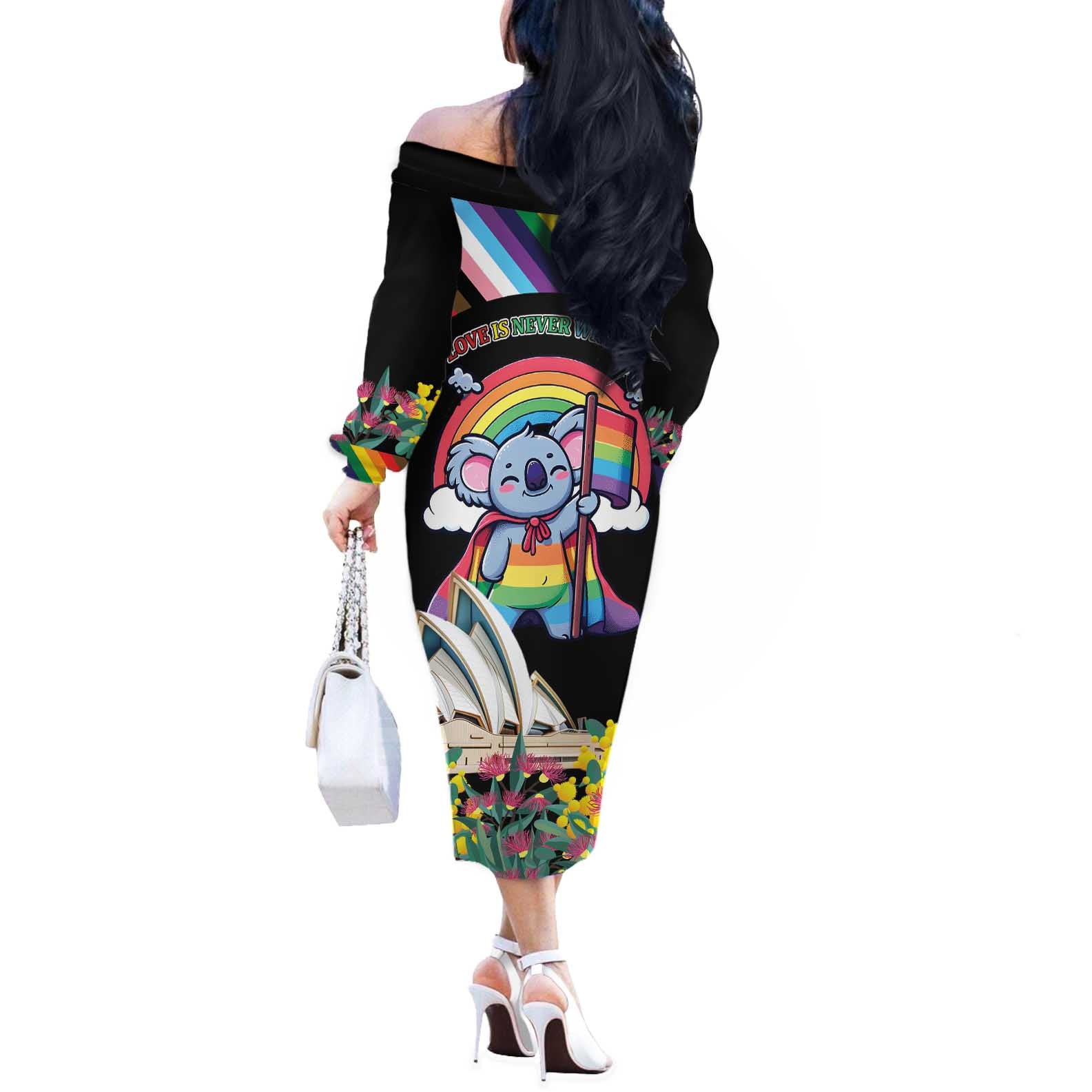 Aussia Pride Month Rainbow Koala Off The Shoulder Long Sleeve Dress