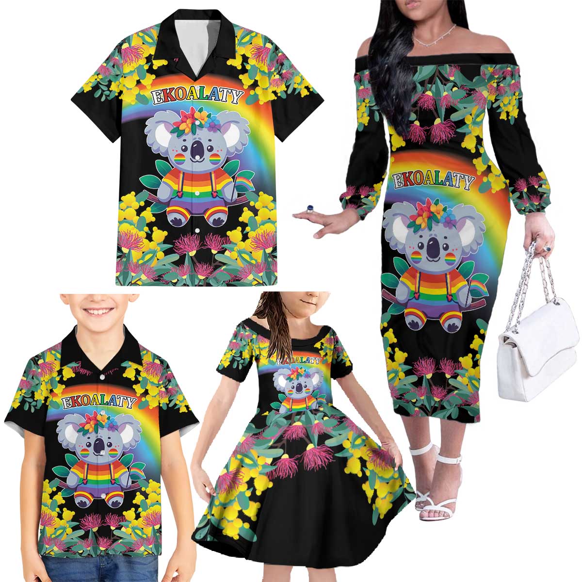 LGBTQ Koala Gay Family Matching Off The Shoulder Long Sleeve Dress and Hawaiian Shirt Aussie Koala Bear Ekoalaty