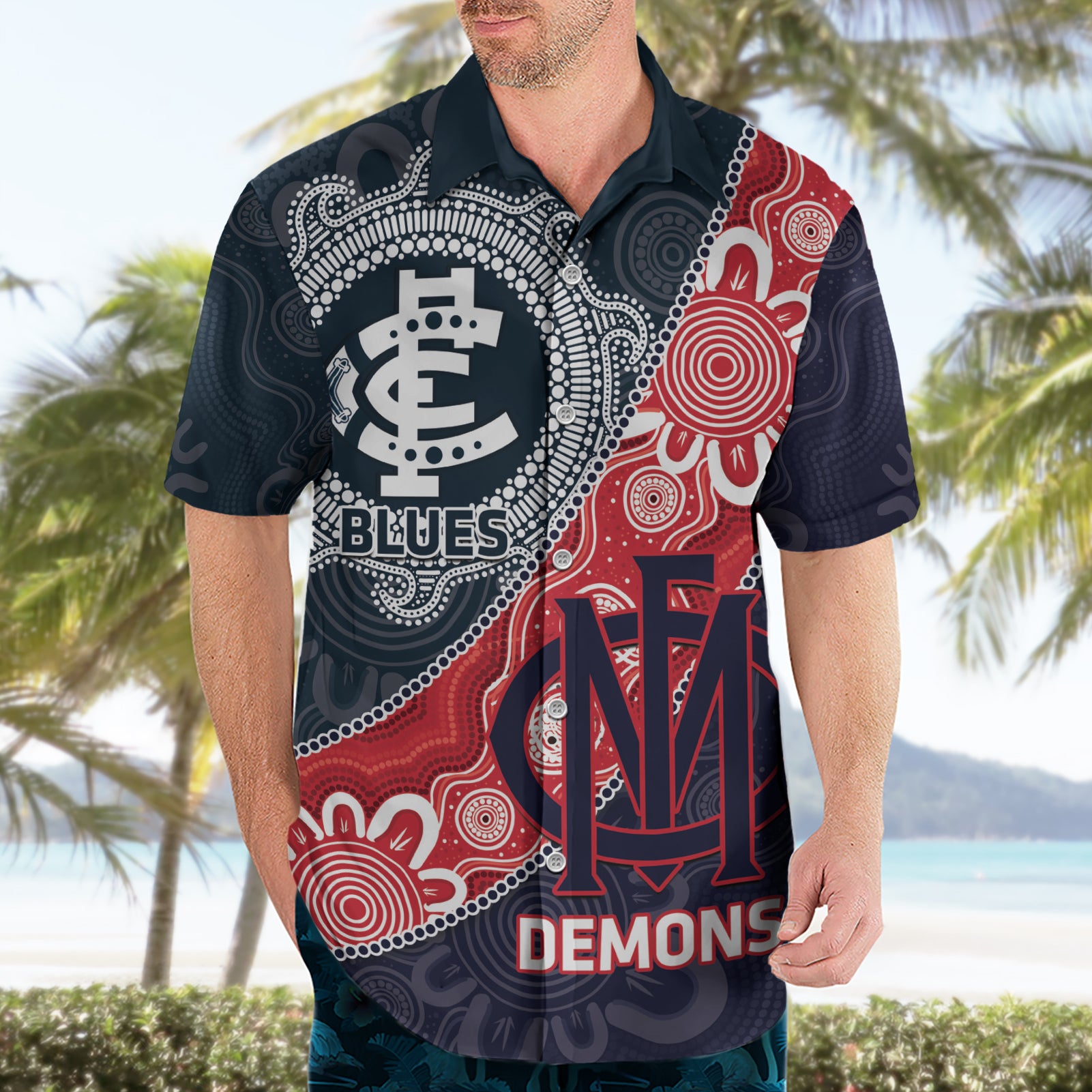 Personalised Demons And Blues Football Hawaiian Shirt Aboriginal Art - Vibe Hoodie Shop