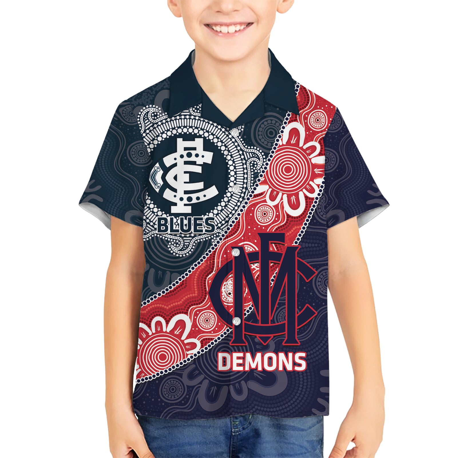 Personalised Demons And Blues Football Hawaiian Shirt Aboriginal Art - Vibe Hoodie Shop