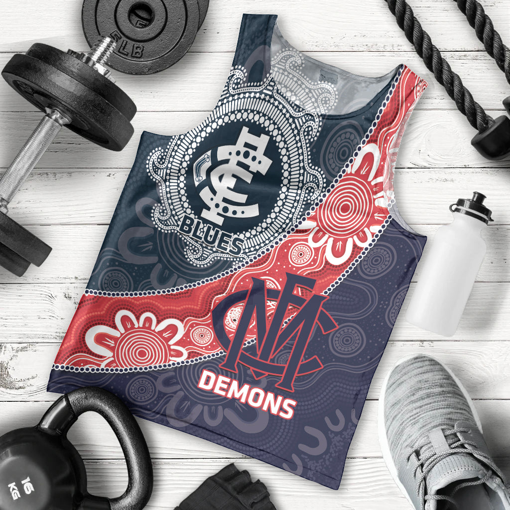 Personalised Demons And Blues Football Men Tank Top Aboriginal Art - Vibe Hoodie Shop