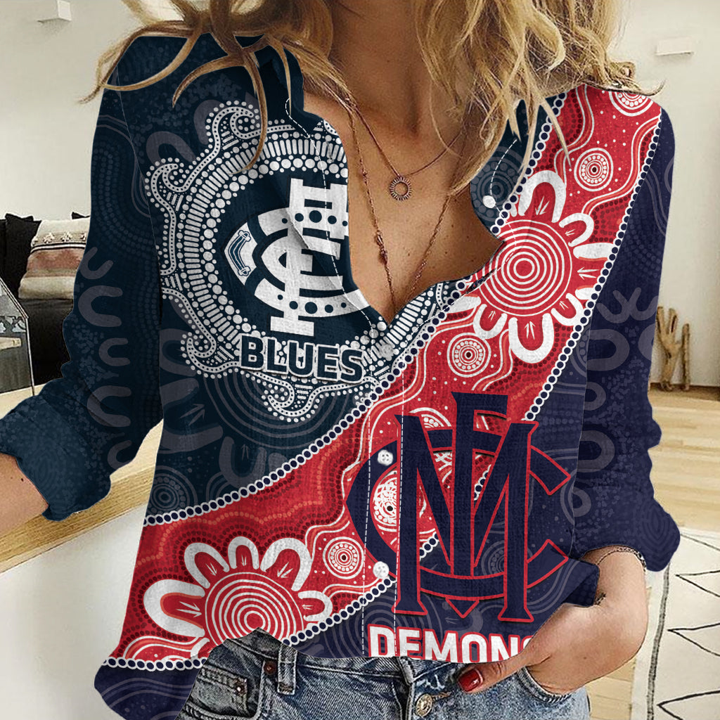 Personalised Demons And Blues Football Women Casual Shirt Aboriginal Art - Vibe Hoodie Shop