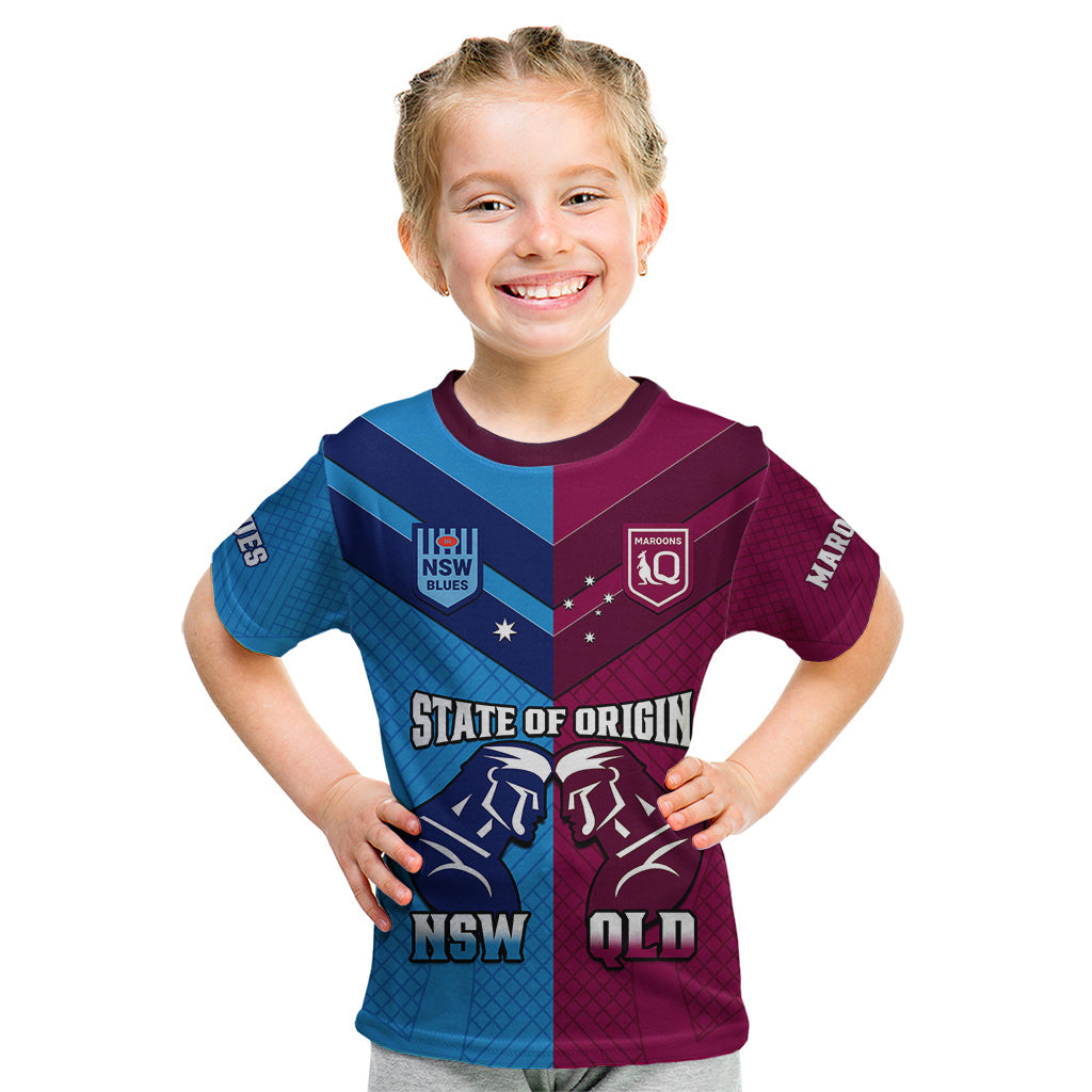 Personalised QLD Maroons And NSW Blues Rugby Kid T Shirt Sporty Version 2023 - Vibe Hoodie Shop