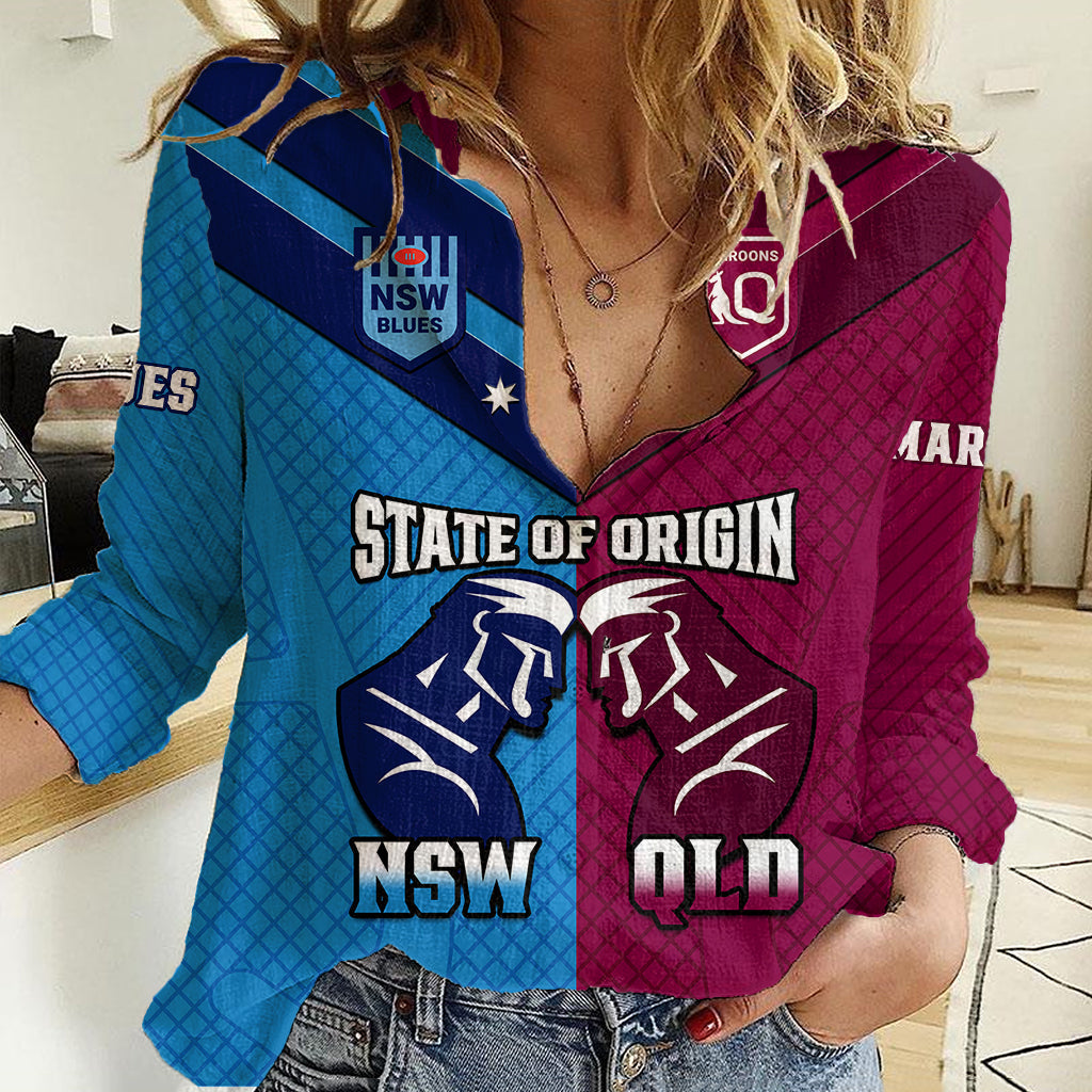 Personalised QLD Maroons And NSW Blues Rugby Women Casual Shirt Sporty Version 2023 - Vibe Hoodie Shop