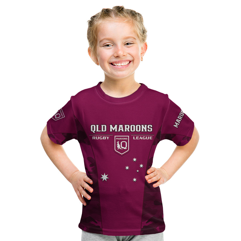 QLD Rugby Kid T Shirt Go Maroons Camouflage Sporty Style - Vibe Hoodie Shop