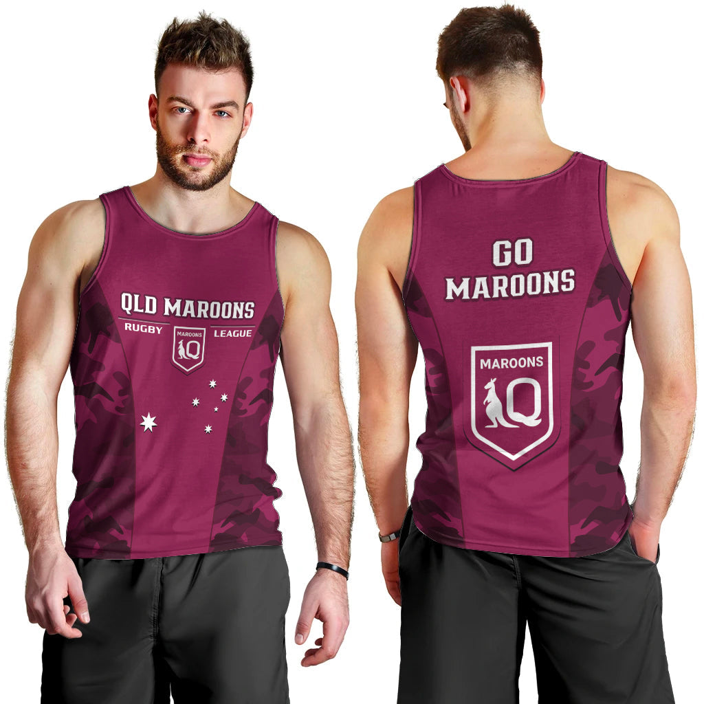 QLD Rugby Men Tank Top Go Maroons Camouflage Sporty Style - Vibe Hoodie Shop