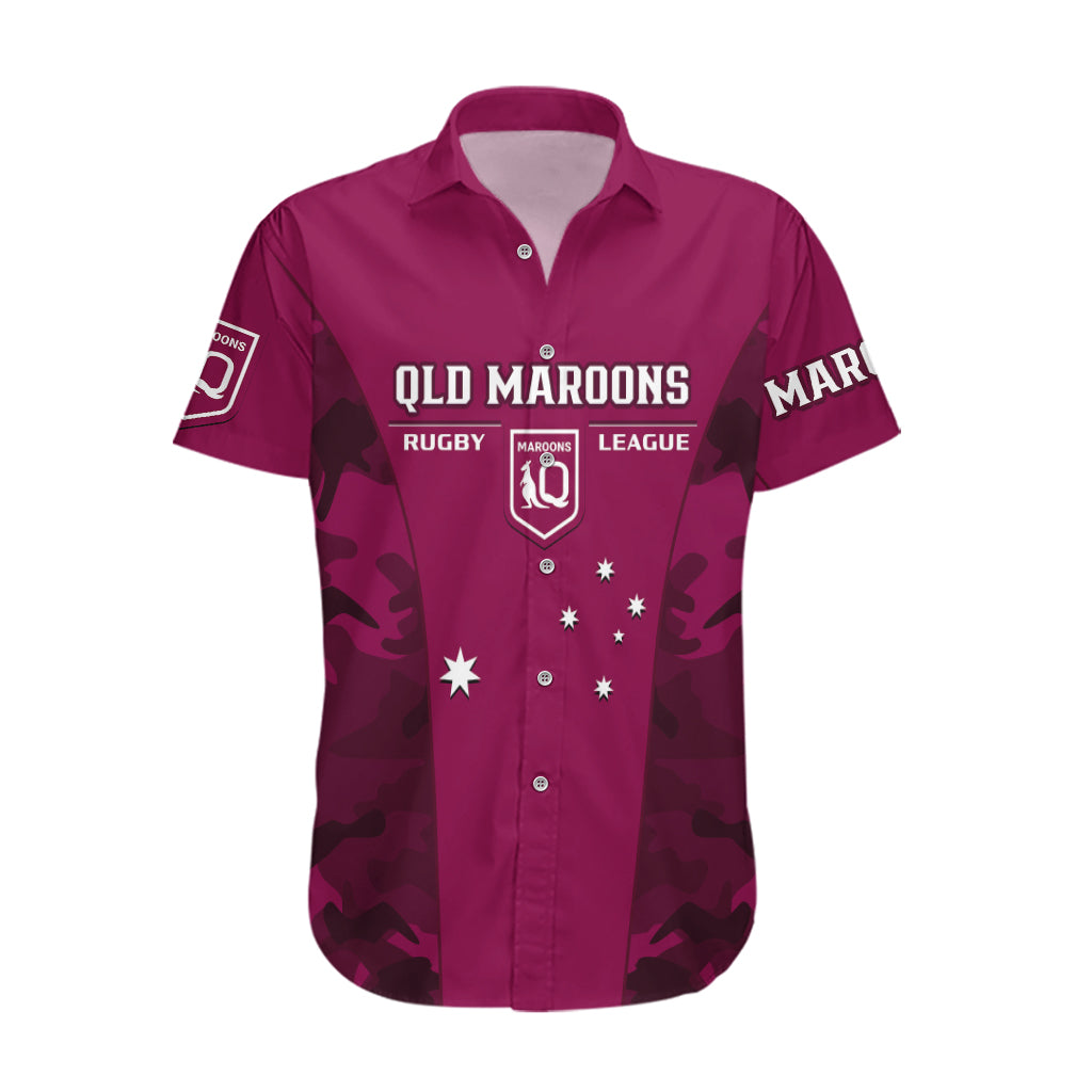 Personalised QLD Rugby Hawaiian Shirt Go Maroons Camouflage Sporty Style - Vibe Hoodie Shop