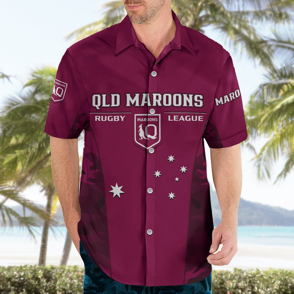 Personalised QLD Rugby Hawaiian Shirt Go Maroons Camouflage Sporty Style - Vibe Hoodie Shop