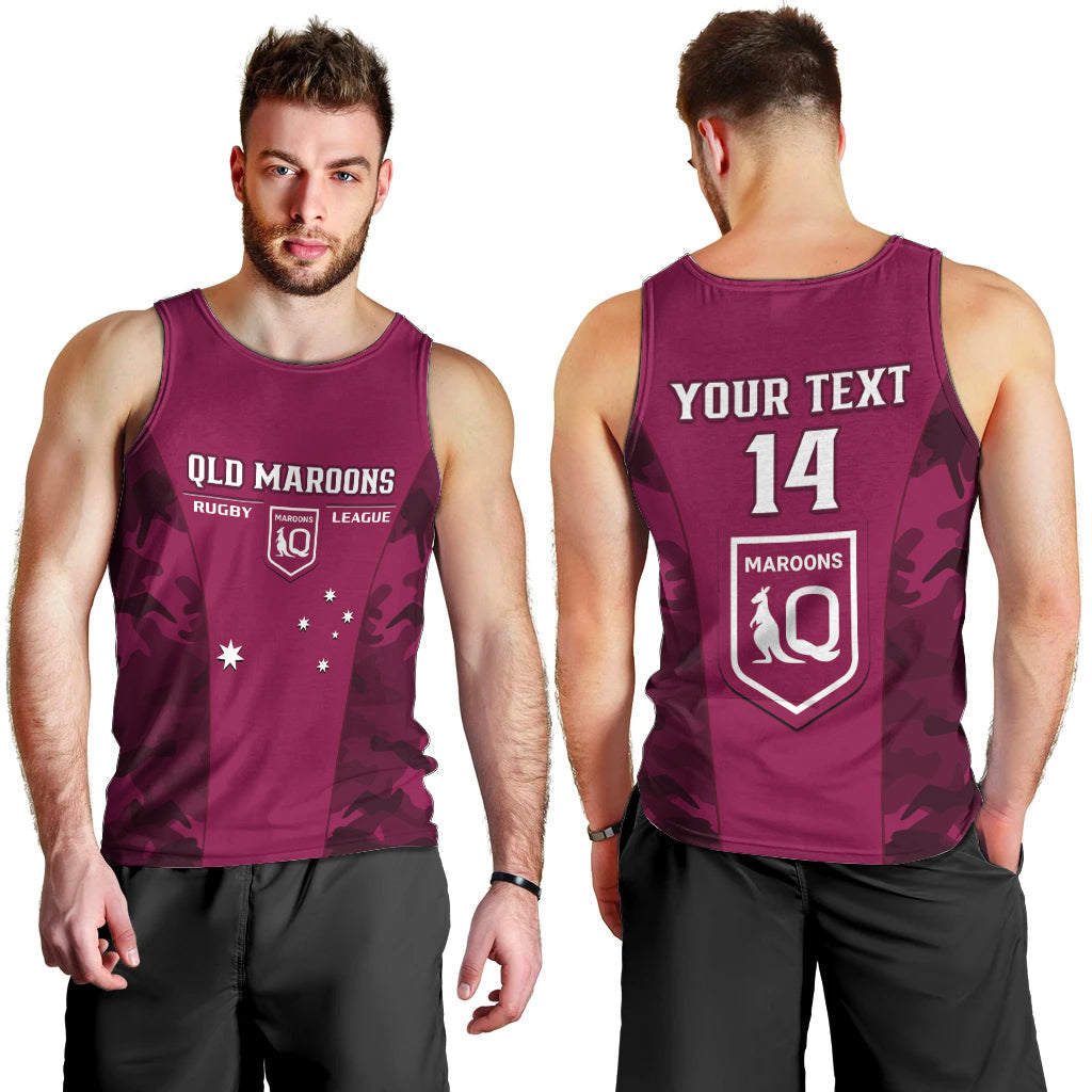 Personalised QLD Rugby Men Tank Top Go Maroons Camouflage Sporty Style - Vibe Hoodie Shop