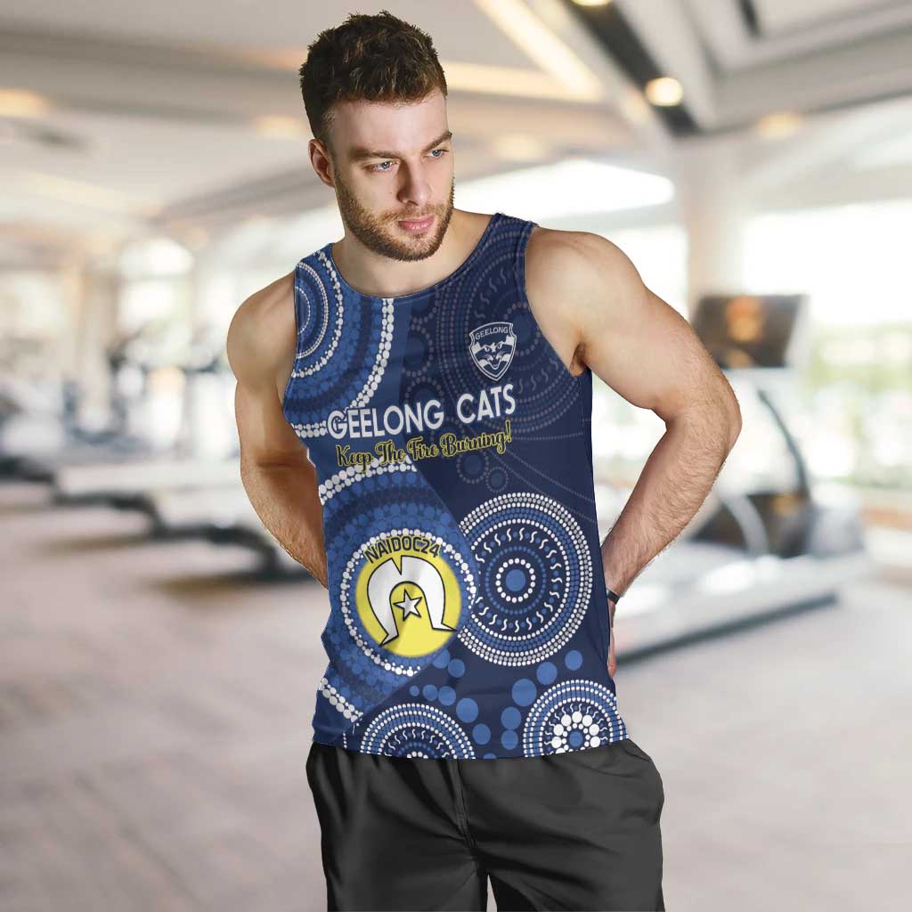 Custom AFL Geelong NAIDOC Week Men Tank Top Keep The Fire Burning Indigenous Art - Vibe Hoodie Shop