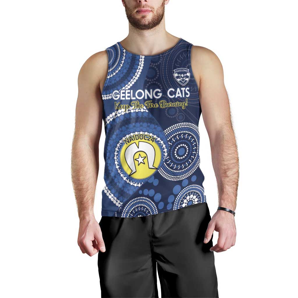 Custom AFL Geelong NAIDOC Week Men Tank Top Keep The Fire Burning Indigenous Art - Vibe Hoodie Shop