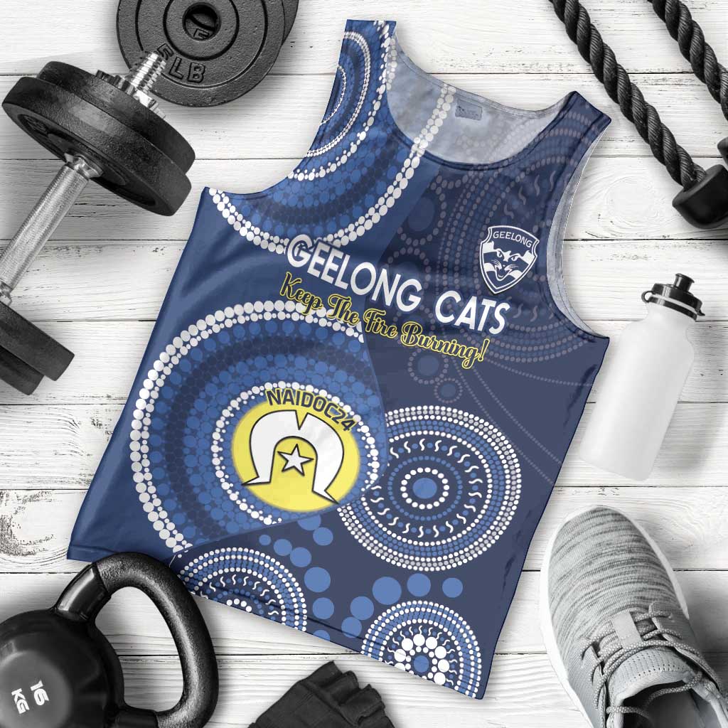 Custom AFL Geelong NAIDOC Week Men Tank Top Keep The Fire Burning Indigenous Art - Vibe Hoodie Shop