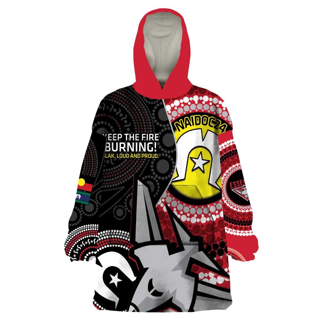 Custom AFL Essendon NAIDOC Week Wearable Blanket Hoodie Keep The Fire Burning Indigenous Art - Vibe Hoodie Shop