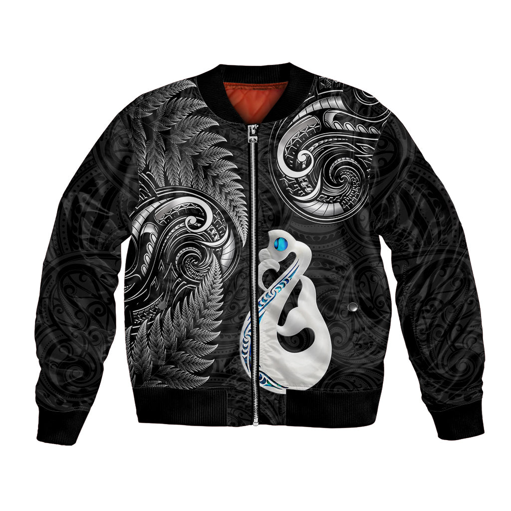 Personalised New Zealand Bomber Jacket Aotearoa Silver Fern With Manaia Maori Unique Black - Vibe Hoodie Shop