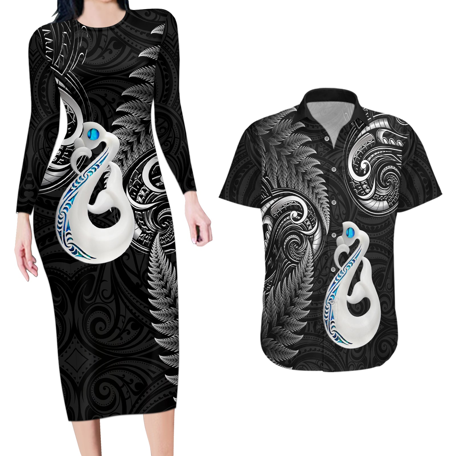 Personalised New Zealand Couples Long Sleeve Bodycon Dress and Hawaiian Shirt Aotearoa Silver Fern With Manaia Maori Unique Black LT14