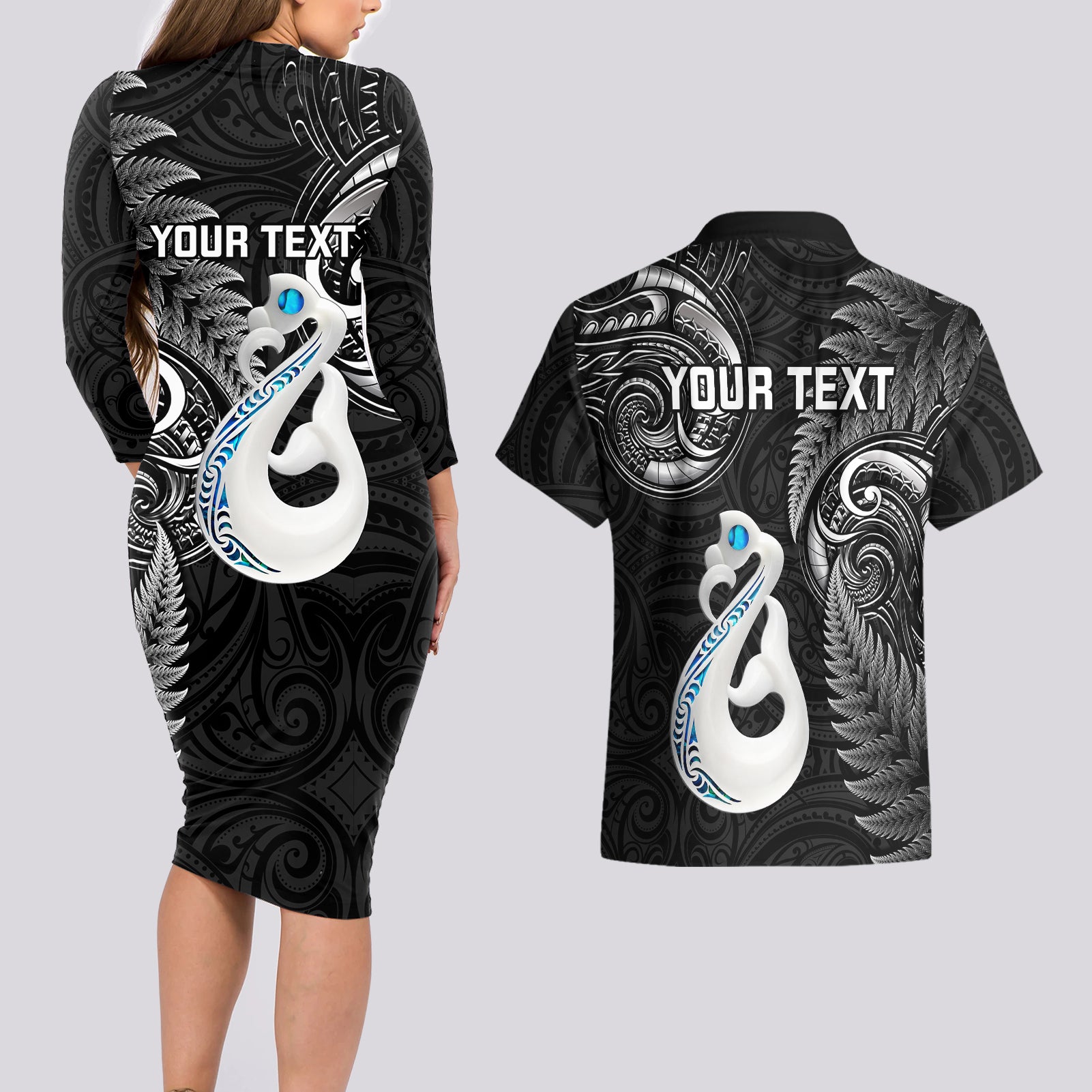 Personalised New Zealand Couples Long Sleeve Bodycon Dress and Hawaiian Shirt Aotearoa Silver Fern With Manaia Maori Unique Black LT14