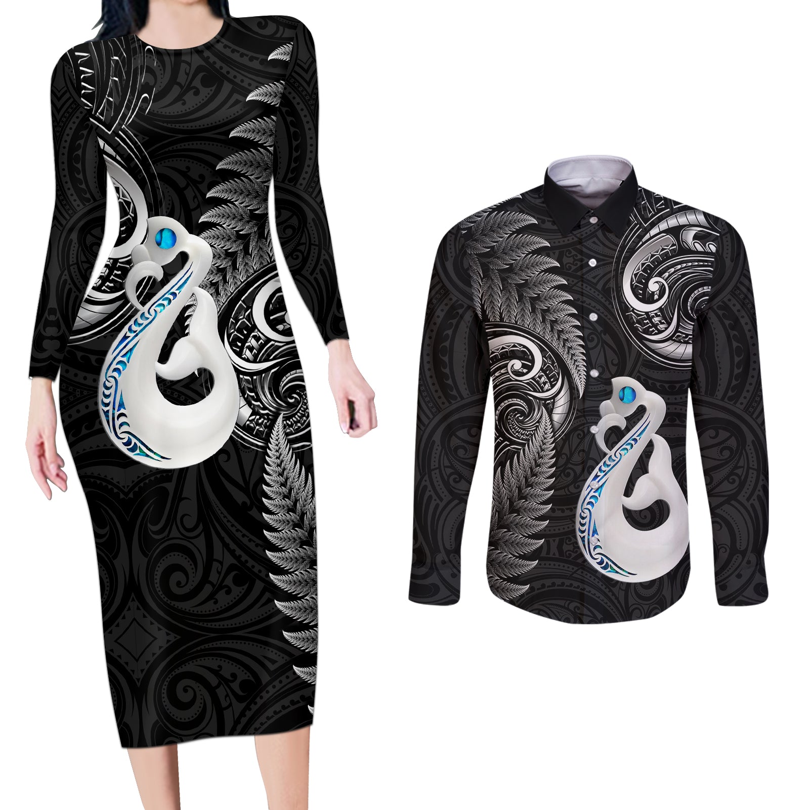 Personalised New Zealand Couples Long Sleeve Bodycon Dress and Long Sleeve Button Shirts Aotearoa Silver Fern With Manaia Maori Unique Black LT14