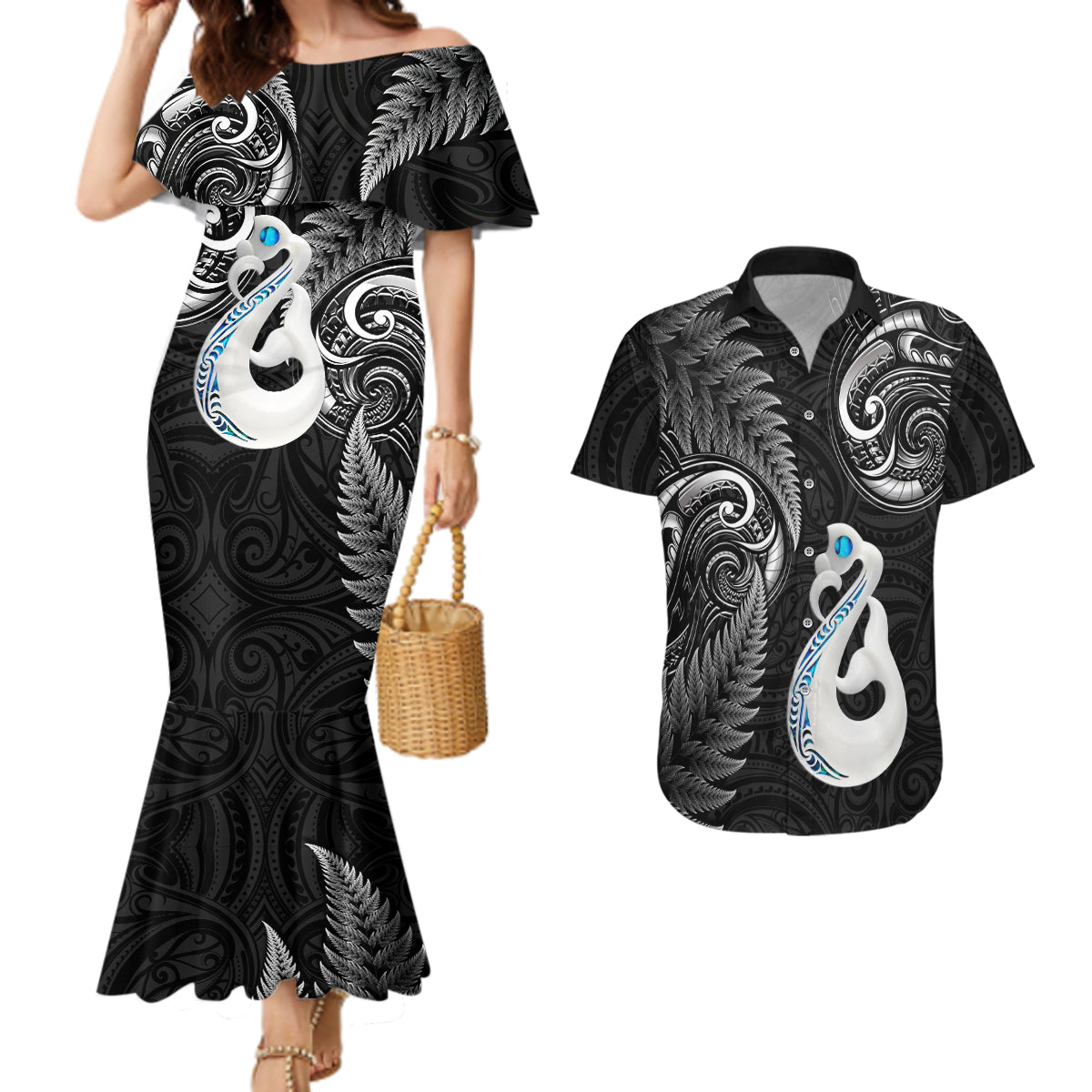 Personalised New Zealand Couples Mermaid Dress And Hawaiian Shirt Aotearoa Silver Fern With Manaia Maori Unique Black LT14