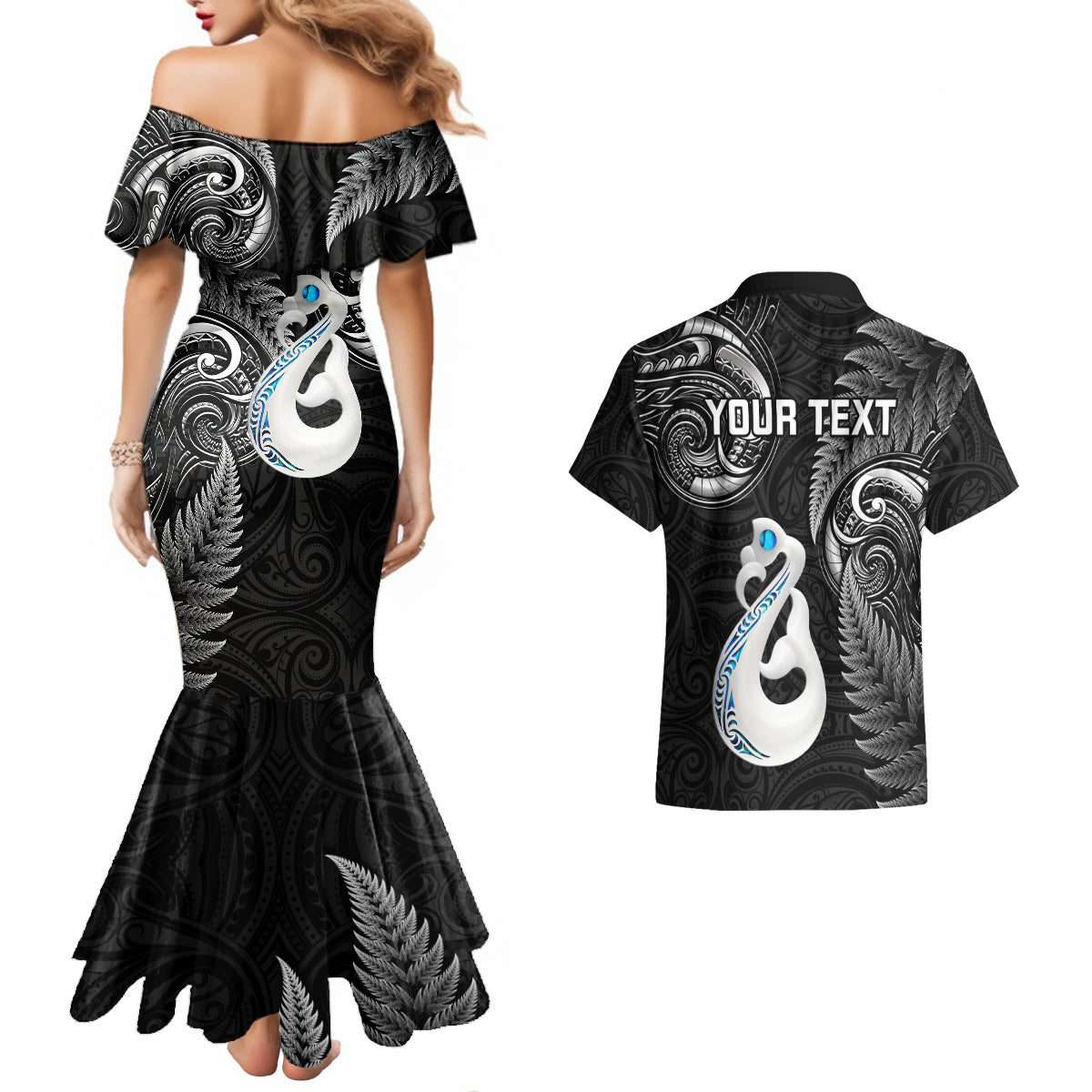 Personalised New Zealand Couples Mermaid Dress And Hawaiian Shirt Aotearoa Silver Fern With Manaia Maori Unique Black LT14