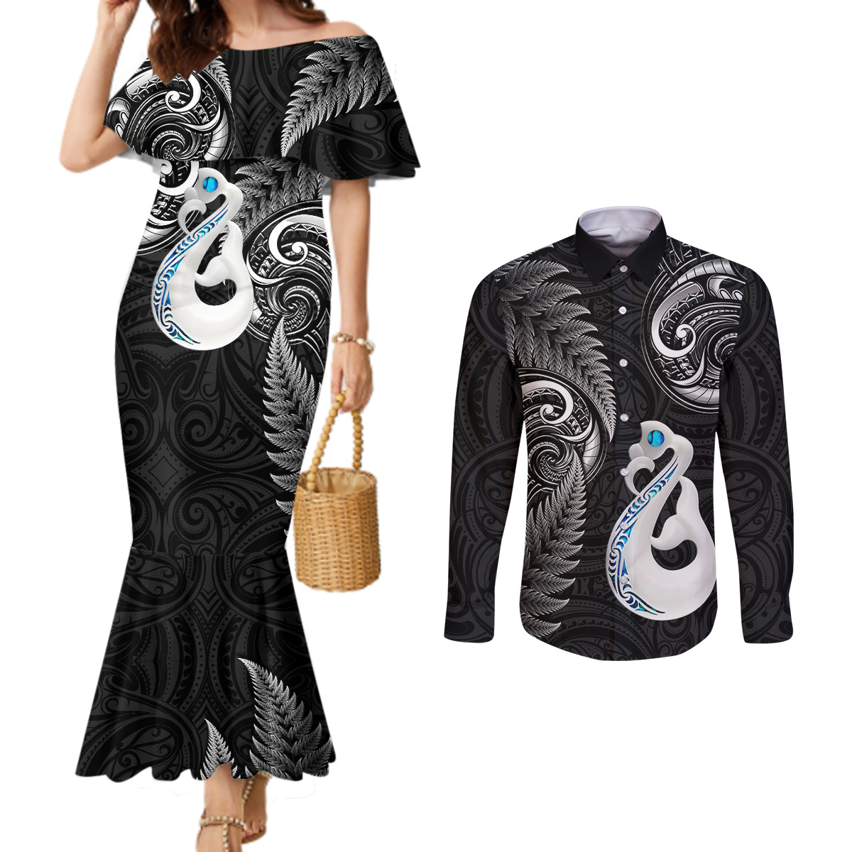 Personalised New Zealand Couples Mermaid Dress and Long Sleeve Button Shirts Aotearoa Silver Fern With Manaia Maori Unique Black LT14