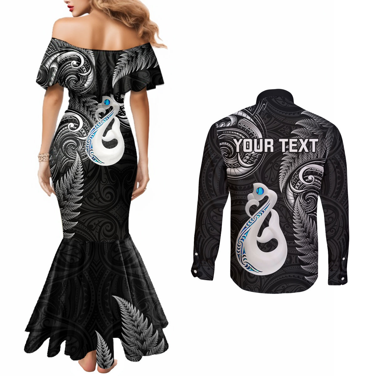 Personalised New Zealand Couples Mermaid Dress and Long Sleeve Button Shirts Aotearoa Silver Fern With Manaia Maori Unique Black LT14