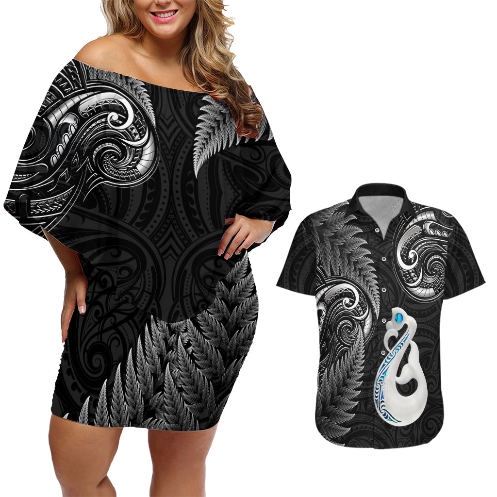 Personalised New Zealand Couples Off Shoulder Short Dress and Hawaiian Shirt Aotearoa Silver Fern With Manaia Maori Unique Black LT14