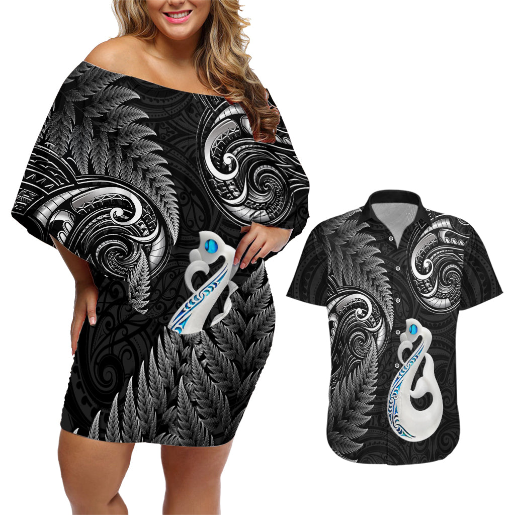 Personalised New Zealand Couples Off The Shoulder Long Sleeve Dress and Hawaiian Shirt Aotearoa Silver Fern With Manaia Maori Unique Black LT14