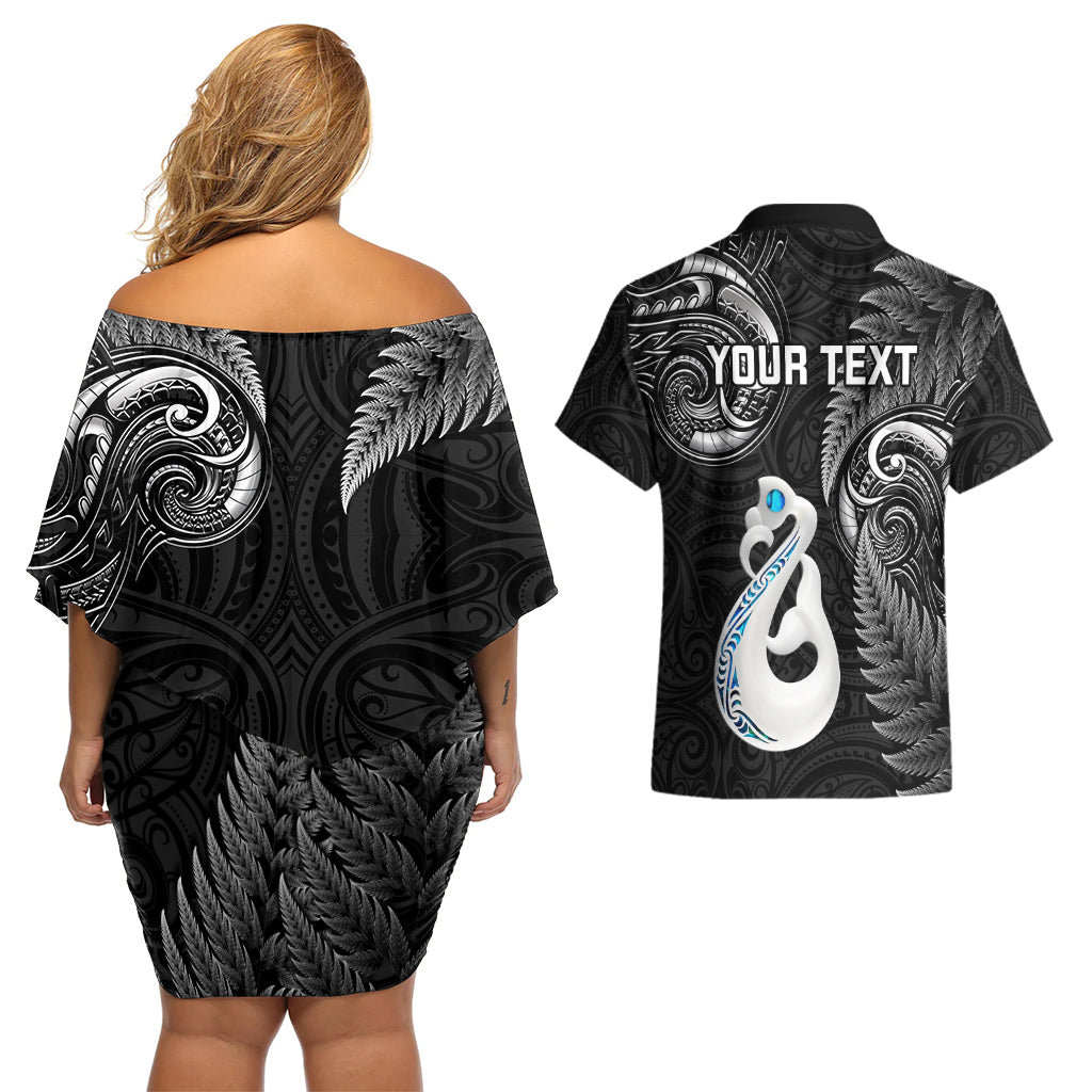 Personalised New Zealand Couples Off Shoulder Short Dress and Hawaiian Shirt Aotearoa Silver Fern With Manaia Maori Unique Black LT14