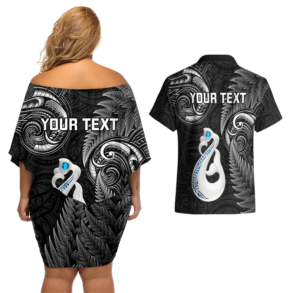 Personalised New Zealand Couples Off The Shoulder Long Sleeve Dress and Hawaiian Shirt Aotearoa Silver Fern With Manaia Maori Unique Black LT14