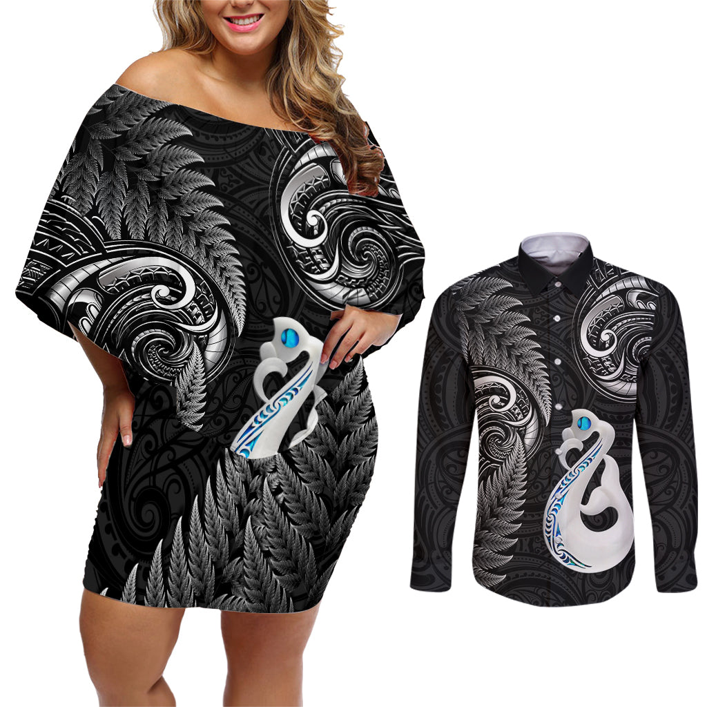 Personalised New Zealand Couples Off Shoulder Short Dress and Long Sleeve Button Shirts Aotearoa Silver Fern With Manaia Maori Unique Black LT14