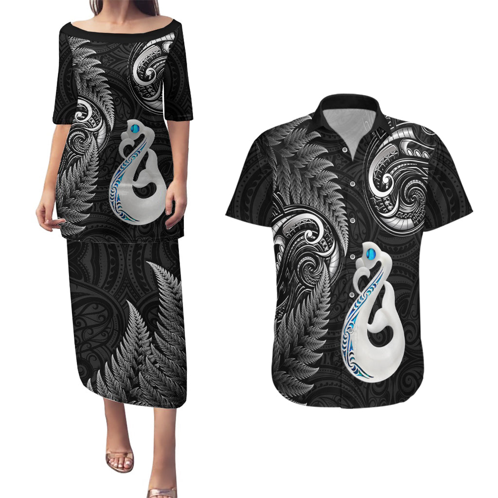 Personalised New Zealand Couples Puletasi Dress and Hawaiian Shirt Aotearoa Silver Fern With Manaia Maori Unique Black LT14