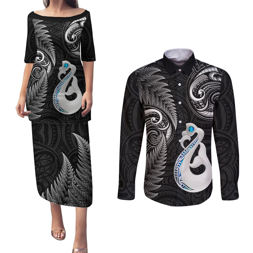 Personalised New Zealand Couples Puletasi Dress and Long Sleeve Button Shirts Aotearoa Silver Fern With Manaia Maori Unique Black LT14