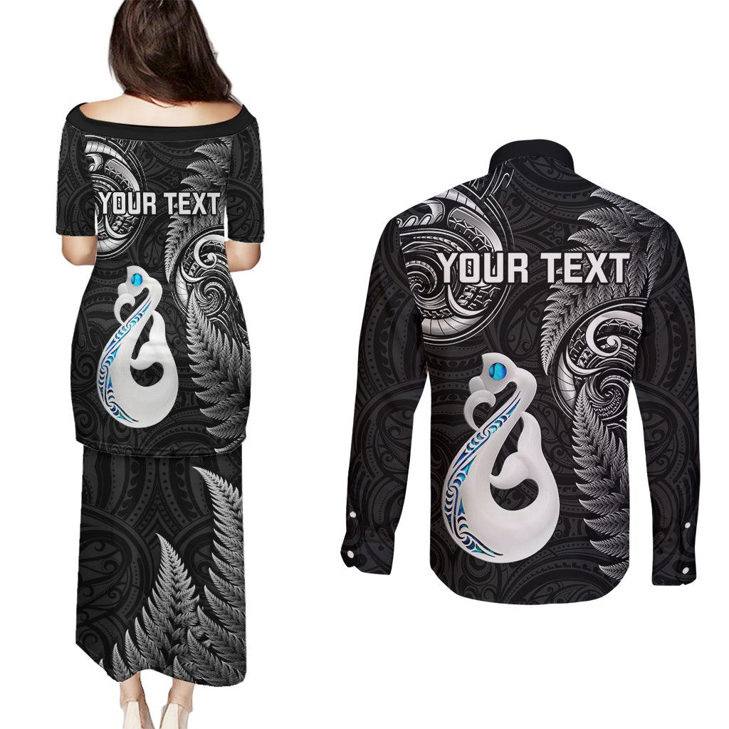 Personalised New Zealand Couples Puletasi Dress and Long Sleeve Button Shirts Aotearoa Silver Fern With Manaia Maori Unique Black LT14