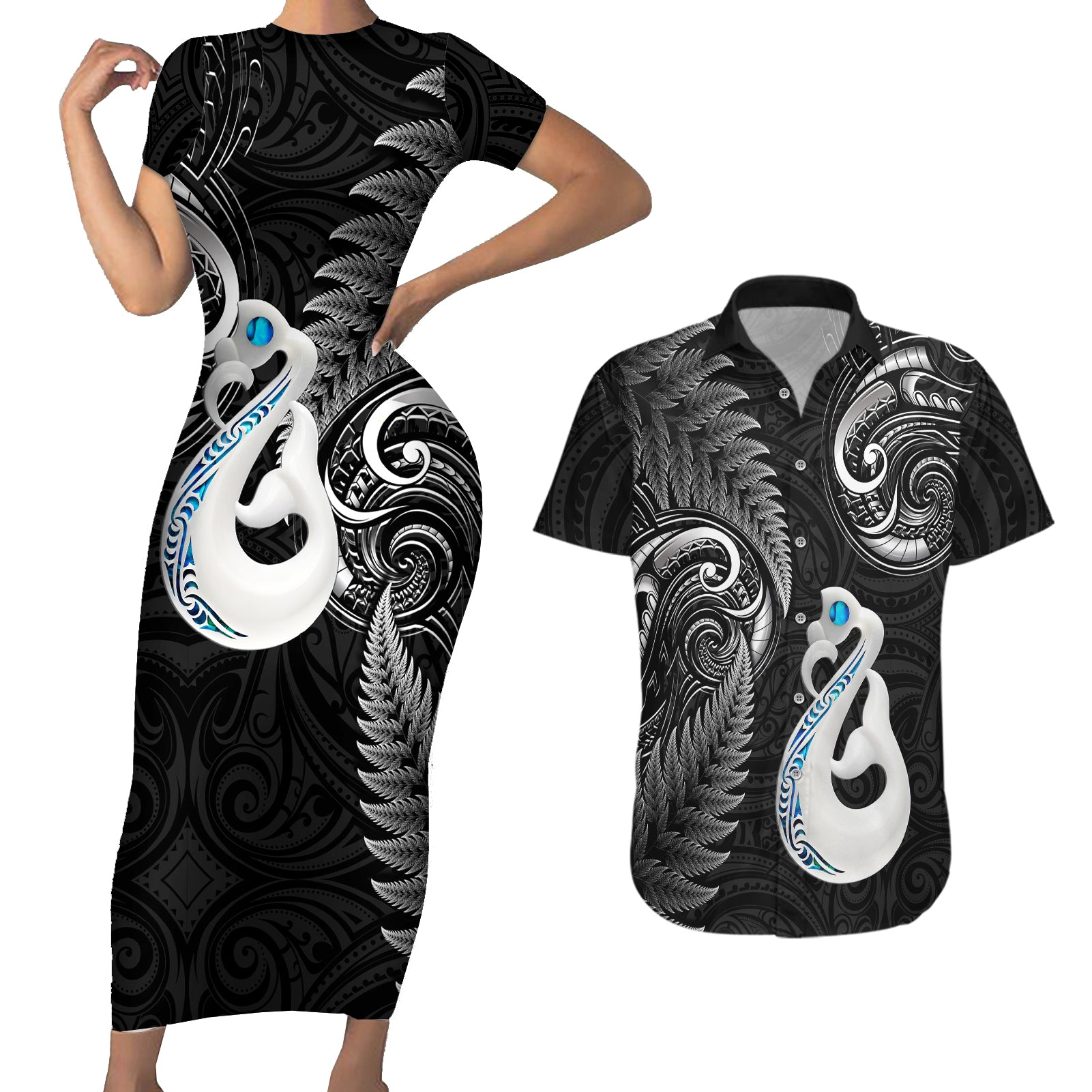 Personalised New Zealand Couples Short Sleeve Bodycon Dress and Hawaiian Shirt Aotearoa Silver Fern With Manaia Maori Unique Black LT14