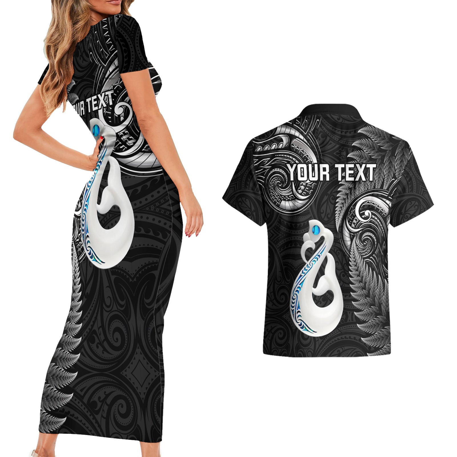 Personalised New Zealand Couples Short Sleeve Bodycon Dress and Hawaiian Shirt Aotearoa Silver Fern With Manaia Maori Unique Black LT14