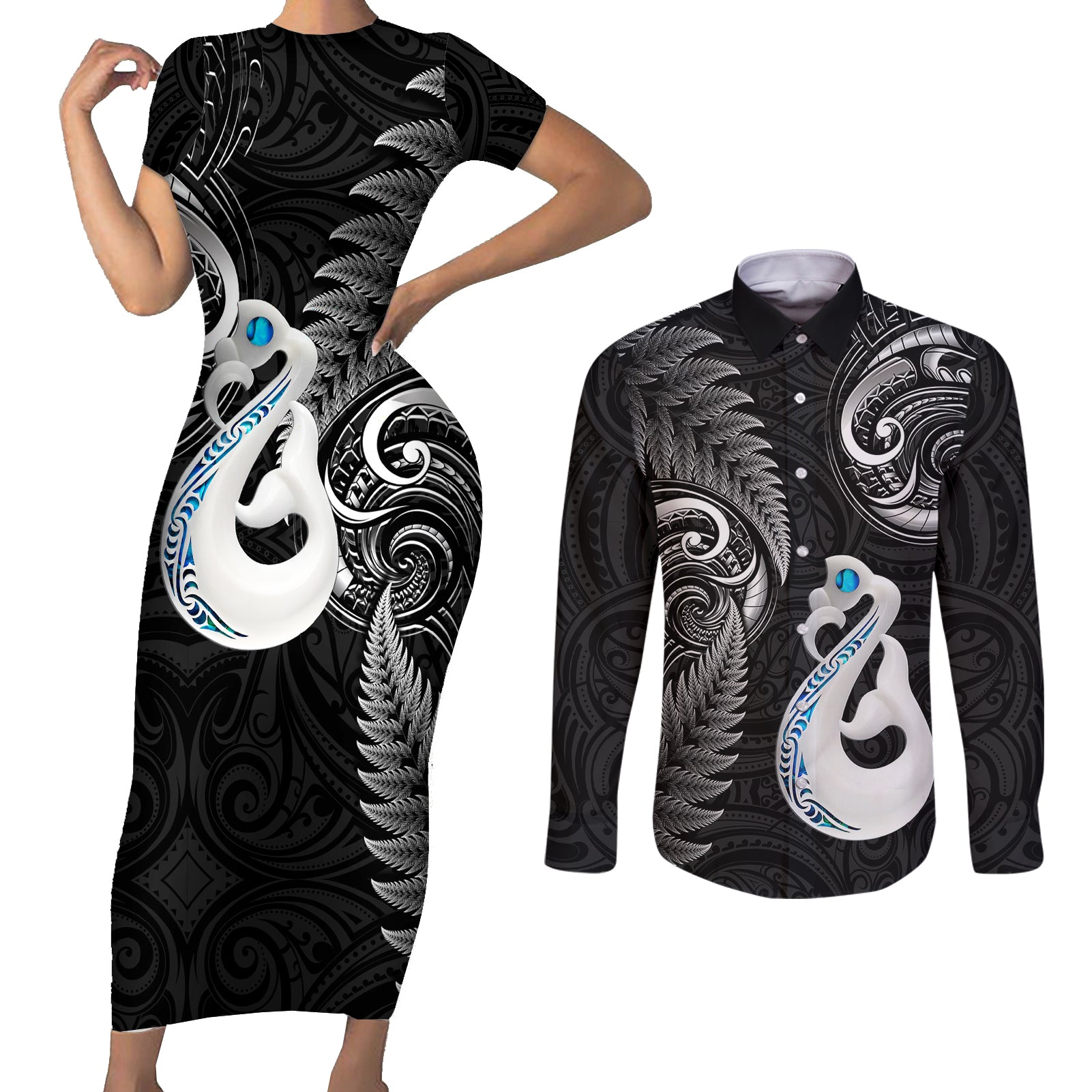 Personalised New Zealand Couples Short Sleeve Bodycon Dress and Long Sleeve Button Shirts Aotearoa Silver Fern With Manaia Maori Unique Black LT14