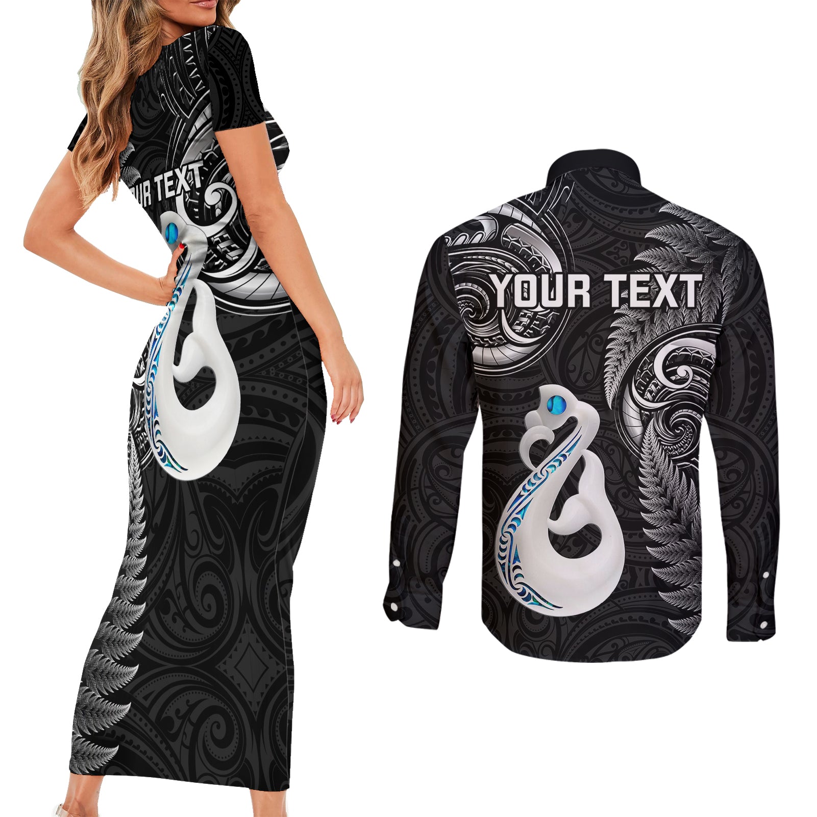 Personalised New Zealand Couples Short Sleeve Bodycon Dress and Long Sleeve Button Shirts Aotearoa Silver Fern With Manaia Maori Unique Black LT14