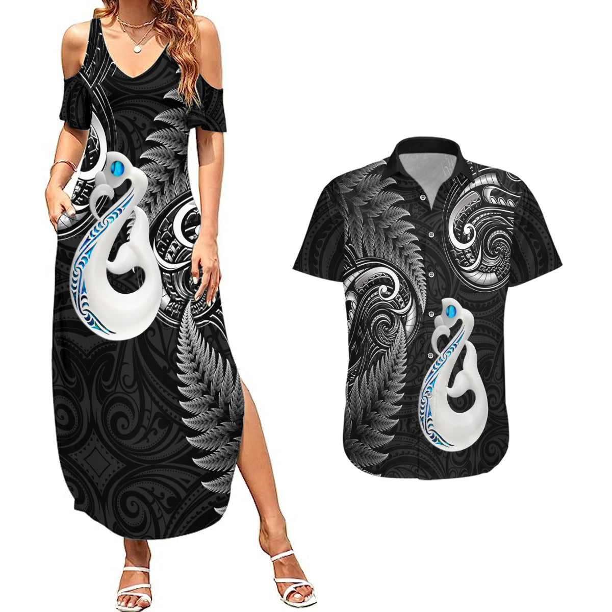 Personalised New Zealand Couples Summer Maxi Dress and Hawaiian Shirt Aotearoa Silver Fern With Manaia Maori Unique Black LT14