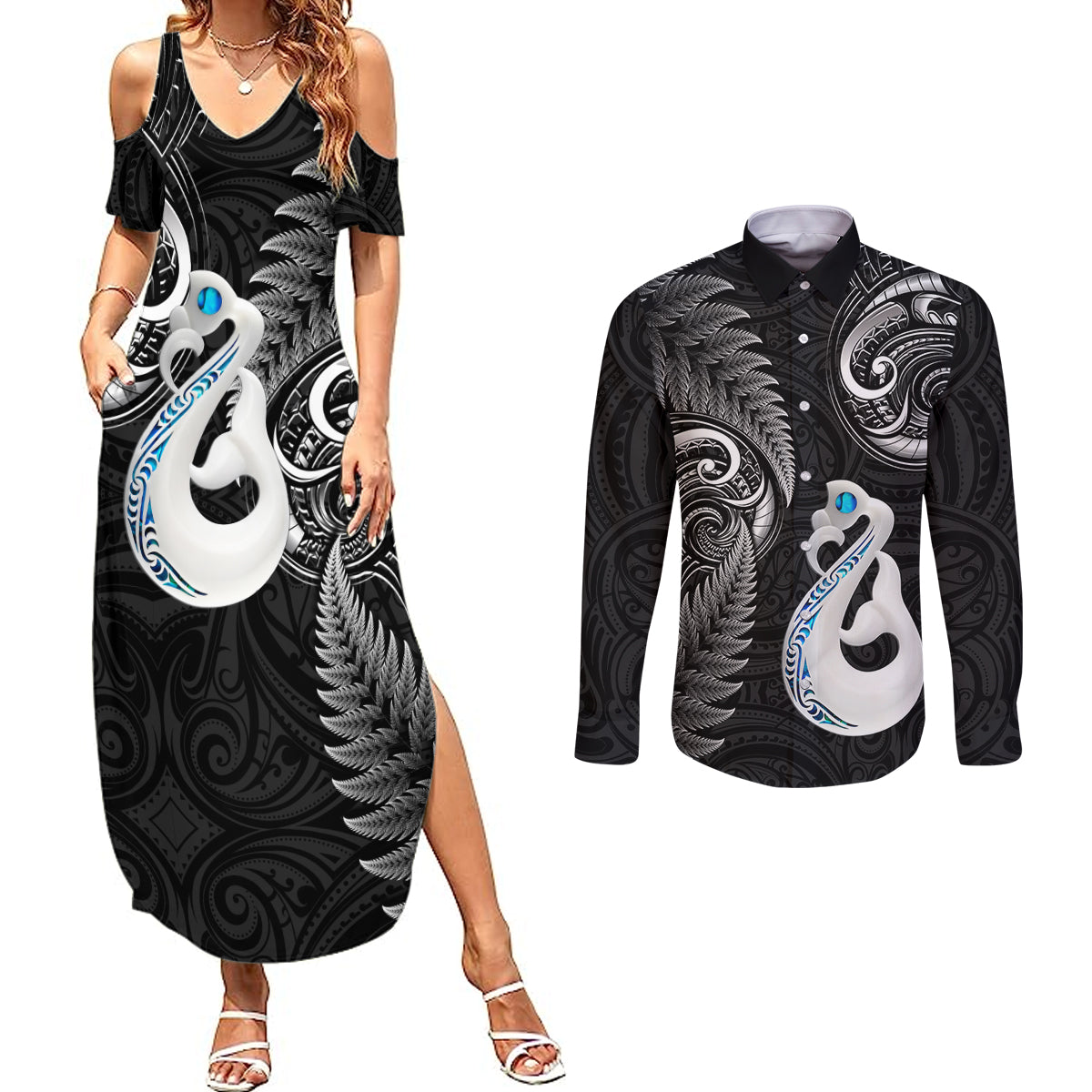 Personalised New Zealand Couples Summer Maxi Dress and Long Sleeve Button Shirts Aotearoa Silver Fern With Manaia Maori Unique Black LT14